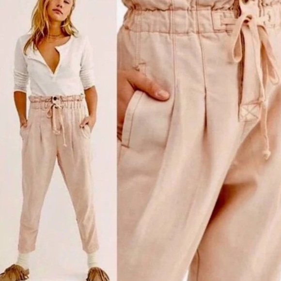 Free People dusty rose Margate paper bag pants trousers size L - Picture 1 of 5